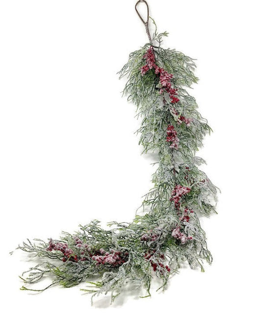 107cm Hanging Frosted Fern & Red Berry Spray