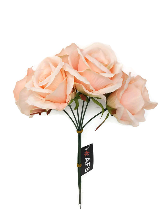 6 Wired Stem Rose Bundle x 27cm - Soft Peach
